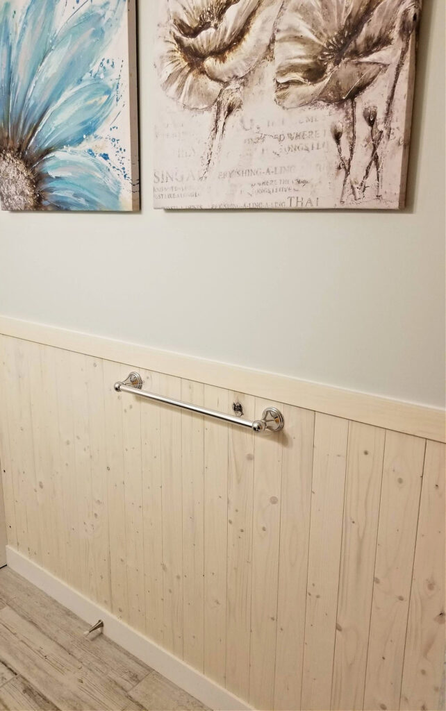 white wash pine wainscoting after cottage style bathroom reno